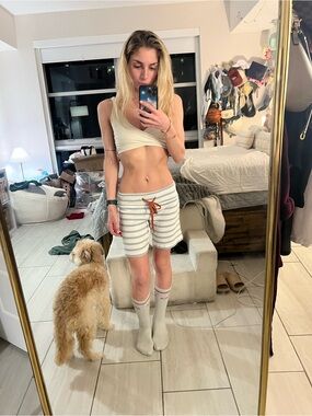 wild fable Cream & Gray Striped Lounge Shorts with Rust Drawstring